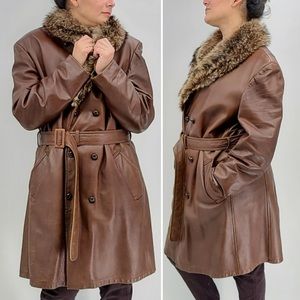 Brown Leather Fur Collar Coat